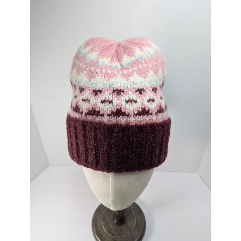 Vince Camuto Knit Brushed Fair Isle Beanie Color Wine‎ Winter Cold Weather Hat